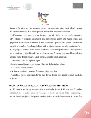 26
intersección a intersección sin saltar fichas contrarias o propias, siguiendo el trazo de
las líneas del tablero. Las fichas pueden moverse en cualquier dirección.
5.- Cuando se tiene una tercia ya formada, cualquier ficha de esta puede moverse a
otro espacio y regresar, valiéndose este movimiento como una nueva tercia, esta
jugada o movimiento se conoce como “columpio” pudiéndose formar uno o más,
sencillo o complejo (con la posibilidad de 2 o más tercias con un solo movimiento).
6.- El juego se termina al no contar con fichas suficientes para formar tercias; cuando
en la siguiente tirada el jugador no puede mover su ficha por estar ésta bloqueada (sin
espacio hacia donde moverse), por empate, acuerdo o por rendición.
7.- Se deben observar algunas reglas:
- La apertura del juego es por sorteo (elección de las fichas rojas)
- Las tiradas son alternadas
- Al formar tercia se toma una ficha contraria a elección.
- Cuando al mover una pieza, forma más de una tercia, solo podrá obtener una ficha
contraria.
RECOMENDACIONES PARA ELABORACIÓN DE MATERIAL:
 El espacio de juego, será un tablero cuadrado de 40 X 40 cm. con 3 cuadros
concéntricos, los cuáles unen sus vértices por medio de cuatro líneas diagonales, se
trazan líneas que juntan las partes medias de los lados de los cuadros. La superficie
 