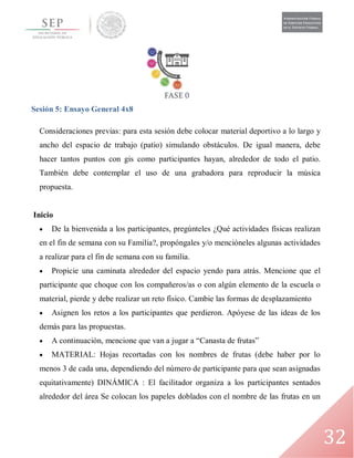 32
Sesión 5: Ensayo General 4x8
Consideraciones previas: para esta sesión debe colocar material deportivo a lo largo y
ancho del espacio de trabajo (patio) simulando obstáculos. De igual manera, debe
hacer tantos puntos con gis como participantes hayan, alrededor de todo el patio.
También debe contemplar el uso de una grabadora para reproducir la música
propuesta.
Inicio
 De la bienvenida a los participantes, pregúnteles ¿Qué actividades físicas realizan
en el fin de semana con su Familia?, propóngales y/o mencióneles algunas actividades
a realizar para el fin de semana con su familia.
 Propicie una caminata alrededor del espacio yendo para atrás. Mencione que el
participante que choque con los compañeros/as o con algún elemento de la escuela o
material, pierde y debe realizar un reto físico. Cambie las formas de desplazamiento
 Asignen los retos a los participantes que perdieron. Apóyese de las ideas de los
demás para las propuestas.
 A continuación, mencione que van a jugar a “Canasta de frutas”
 MATERIAL: Hojas recortadas con los nombres de frutas (debe haber por lo
menos 3 de cada una, dependiendo del número de participante para que sean asignadas
equitativamente) DINÁMICA : El facilitador organiza a los participantes sentados
alrededor del área Se colocan los papeles doblados con el nombre de las frutas en un
 