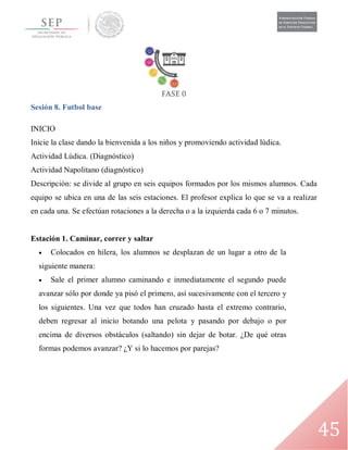 45
Sesión 8. Futbol base
INICIO
Inicie la clase dando la bienvenida a los niños y promoviendo actividad lúdica.
Actividad Lúdica. (Diagnóstico)
Actividad Napolitano (diagnóstico)
Descripción: se divide al grupo en seis equipos formados por los mismos alumnos. Cada
equipo se ubica en una de las seis estaciones. El profesor explica lo que se va a realizar
en cada una. Se efectúan rotaciones a la derecha o a la izquierda cada 6 o 7 minutos.
Estación 1. Caminar, correr y saltar
 Colocados en hilera, los alumnos se desplazan de un lugar a otro de la
siguiente manera:
 Sale el primer alumno caminando e inmediatamente el segundo puede
avanzar sólo por donde ya pisó el primero, así sucesivamente con el tercero y
los siguientes. Una vez que todos han cruzado hasta el extremo contrario,
deben regresar al inicio botando una pelota y pasando por debajo o por
encima de diversos obstáculos (saltando) sin dejar de botar. ¿De qué otras
formas podemos avanzar? ¿Y si lo hacemos por parejas?
 