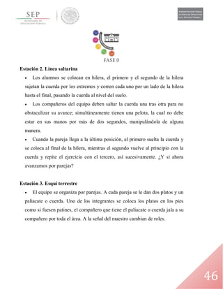 46
Estación 2. Línea saltarina
 Los alumnos se colocan en hilera, el primero y el segundo de la hilera
sujetan la cuerda por los extremos y corren cada uno por un lado de la hilera
hasta el final, pasando la cuerda al nivel del suelo.
 Los compañeros del equipo deben saltar la cuerda una tras otra para no
obstaculizar su avance; simultáneamente tienen una pelota, la cual no debe
estar en sus manos por más de dos segundos, manipulándola de alguna
manera.
 Cuando la pareja llega a la última posición, el primero suelta la cuerda y
se coloca al final de la hilera, mientras el segundo vuelve al principio con la
cuerda y repite el ejercicio con el tercero, así sucesivamente. ¿Y si ahora
avanzamos por parejas?
Estación 3. Esquí terrestre
 El equipo se organiza por parejas. A cada pareja se le dan dos platos y un
paliacate o cuerda. Uno de los integrantes se coloca los platos en los pies
como si fuesen patines, el compañero que tiene el paliacate o cuerda jala a su
compañero por toda el área. A la señal del maestro cambian de roles.
 