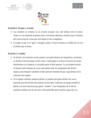53
Estación 2. El gato y el ratón
 Los alumnos se colocan en un círculo excepto uno, este último está al centro.
Todos se van lanzando la pelota entre sí de forma aleatoria, mientras que el alumno
del centro trata de evitar que ésta llegue al otro compañero.
 La regla es que si el “gato” consigue cachar o tocar la pelota se cambia de rol con
el último que la lanza.
Estación 3. Cambio
 Se divide a los alumnos en dos grupos con igual número de integrantes; asimismo,
se divide el área de juego en dos zonas. Cada grupo se coloca en una de las zonas,
distribuidos en el espacio y sin poder pasar al lado opuesto. La actividad consiste
en lanzar cierto número de veces una pelota entre los integrantes del mismo
equipo, para después mandarla al lado opuesto tratando de que caiga dentro de la
zona del otro equipo.
 Si el equipo contrario atrapa la pelota, se pasará ésta igual número de veces,
teniendo que devolverla nuevamente al otro lado. Cada que un equipo manda la
pelota a la otra zona tiene que gritar “cambio” y los integrantes de la fila de
enfrente cambian con los de atrás. Está permitido que la pelota caiga una vez.
 
