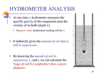 28
• At any time t, hydrometer measures the
specific gravity of the suspension near the
vicinity of its bulb (depth L).
• For pure water hydrometer reading will be 1.
• It indirectly gives the amount of soil that is
still in suspension.
• By knowing the amount of soil in
suspension, L, and t, we can calculate the
%age of soil by weight finer than a given
diameter.
HYDROMETER ANALYSIS
 