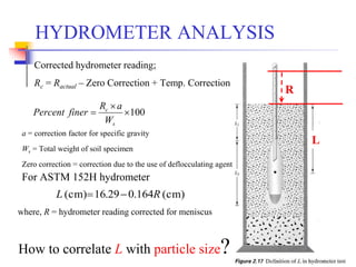 29
R
L
HYDROMETER ANALYSIS
(cm)164.029.16(cm) RL 
where, R = hydrometer reading corrected for meniscus
For ASTM 152H hydrometer
How to correlate L with particle size?
Corrected hydrometer reading;
Rc = Ractual – Zero Correction + Temp. Correction
100


s
c
W
aR
finerPercent
a = correction factor for specific gravity
Ws = Total weight of soil specimen
Zero correction = correction due to the use of deflocculating agent
 
