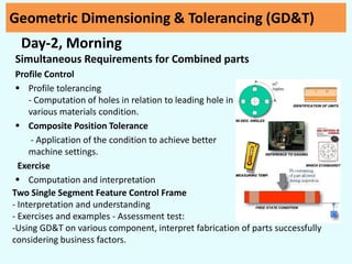 Day-2, Morning
Simultaneous Requirements for Combined parts
Profile Control
 Profile tolerancing
- Computation of holes in relation to leading hole in
various materials condition.
 Composite Position Tolerance
- Application of the condition to achieve better
machine settings.
Exercise
 Computation and interpretation
Geometric Dimensioning & Tolerancing (GD&T)
Two Single Segment Feature Control Frame
- Interpretation and understanding
- Exercises and examples - Assessment test:
-Using GD&T on various component, interpret fabrication of parts successfully
considering business factors.
 