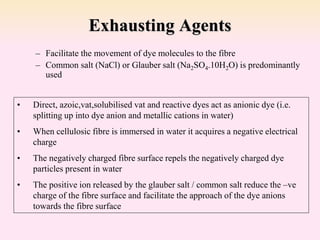 Exhausting Agents
– Facilitate the movement of dye molecules to the fibre
– Common salt (NaCl) or Glauber salt (Na2SO4.10H2O) is predominantly
used
• Direct, azoic,vat,solubilised vat and reactive dyes act as anionic dye (i.e.
splitting up into dye anion and metallic cations in water)
• When cellulosic fibre is immersed in water it acquires a negative electrical
charge
• The negatively charged fibre surface repels the negatively charged dye
particles present in water
• The positive ion released by the glauber salt / common salt reduce the –ve
charge of the fibre surface and facilitate the approach of the dye anions
towards the fibre surface
 