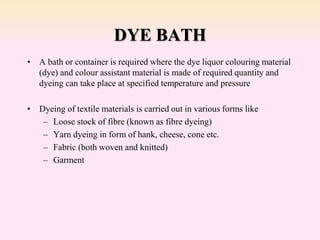 DYE BATH
• A bath or container is required where the dye liquor colouring material
(dye) and colour assistant material is made of required quantity and
dyeing can take place at specified temperature and pressure
• Dyeing of textile materials is carried out in various forms like
– Loose stock of fibre (known as fibre dyeing)
– Yarn dyeing in form of hank, cheese, cone etc.
– Fabric (both woven and knitted)
– Garment
 