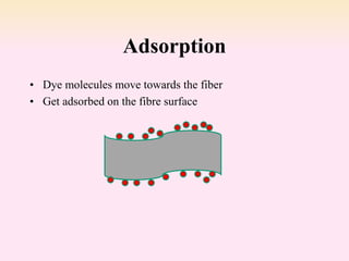 Adsorption
• Dye molecules move towards the fiber
• Get adsorbed on the fibre surface
 
