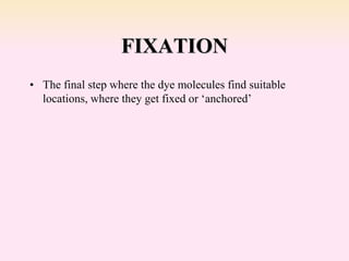 FIXATION
• The final step where the dye molecules find suitable
locations, where they get fixed or ‘anchored’
 