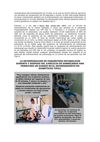 característicos del entrenamiento en circuito, en el cual es común alternar ejercicios
con períodos de recuperación de 30 segundos o menos. Si bien esto puede deberse
al mayor componente aeróbico (vs el entrenamiento con sobrecarga tradicional), el
entrenamiento en circuito t6ambien ha demostrado tener efectos positivos sobre el
control glucémico en sujetos con diabetes tipo 2.
Eriksson, J. y col, (Int J Sports Med. 18:242–246. 1997). con un circuito de
entrenamiento de la fuerza realizado 2 veces por semana en 8 pacientes
moderadamente obesos con DM Tipo II, 4 hombres y 4 mujeres. El circuito
consistió de 11 estaciones. Los sujetos realizaron 15-20 repeticiones al 50% de
1RM con 30 segundos de pausa entre las estaciones. La resistencia muscular
definida como el producto de las repeticiones multiplicado por la carga se
incrementó en un 32%. El área de sección transversal del vasto medial se
incrementó en un 21%. La HbA1c disminuyó desde un 8.8% hasta un 8.2%. Hubo
una fuerte correlación inversa entre HbA1c y el área de sección transversal de los
extensores de la rodilla luego del programa de entrenamiento de sobrecarga
(r=-0.73, p<0.05). Este estudio sugirió que un programa de entrenamiento con
sobrecarga que resultó en hipertrofia muscular podría mejorar el control glucémico
en los pacientes con DM Tipo II. Sin embargo, el pequeño número de sujetos en
este estudio impide realizar cualquier generalización amplia con respecto al rol
potencial del entrenamiento de sobrecarga en el control de los pacientes con DM
Tipo II.
LA DETERMINACION DE PARAMETROS METABOLICOS
DURANTE Y DESPUES DEL EJERCICIO DE SOBRECARGA HAN
PERMITIDO UN AVANCE EN EL ENTRENAMIENTO EN
DIABETICOS TIPO2.
“Para conseguir efectos histoquímicos
significativos con el ejercicio continuo,
se deben efectuar por espacios de mas
de 30 minutos, 5 veces a la semana y a
una intensidad moderada a alta.”
Nuestros pacientes sedentarios no
están en condiciones de ejecutarlos
y mucho menos con bajo stress
cardio- vascular
En pacientes con factores de
riesgo CV, el ejercicio
intermitente de alta intensidad,
por grupos musculares, logra el
objetivo perseguido, sin stress
CV y ejecutándolo 2 veces por
semana, 30 minutos.
 