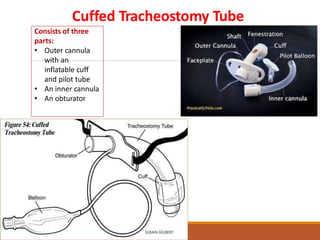 Cuffed Tracheostomy Tube
Consists of three
parts:
• Outer cannula
with an
inflatable cuff
and pilot tube
• An inner cannula
• An obturator
 