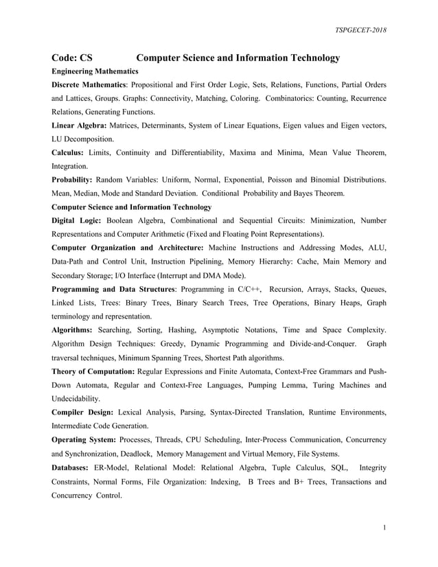 TS PGECET Computer Science 2018 Syllabus | PDF