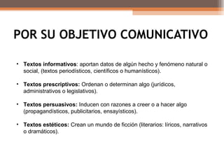 POR SU OBJETIVO COMUNICATIVO
• Textos informativos: aportan datos de algún hecho y fenómeno natural o
social, (textos periodísticos, científicos o humanísticos).
• Textos prescriptivos: Ordenan o determinan algo (jurídicos,
administrativos o legislativos).
• Textos persuasivos: Inducen con razones a creer o a hacer algo
(propagandísticos, publicitarios, ensayísticos).
• Textos estéticos: Crean un mundo de ficción (literarios: líricos, narrativos
o dramáticos).
 