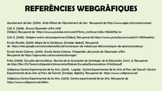 REFERÈNCIES WEBGRÀFIQUES
Ajuntament de Ger. (2019). Web Oficial de l'Ajuntament de Ger. Recuperat de http://www.ajger.cat/coneix/coneix/
Coll, E. (2018). Anunci Aparador d'Art 2018
[Vídeo]. Recuperat de https://www.youtube.com/watch?time_continue=23&v=feExI2Nq-2o
Coll, E. (2018). Viatgem entre microorganismes [Vídeo]. Recuperat de https://www.youtube.com/watch?v=SXt1haloh2c
Escola Rosella. (2019). Mapa de la Cerdanya. [Imatge digital]. Recuperat
de https://sites.google.com/a/escolarosella.cat/comarques-de-catalunya-4tb/comarques-de-girona/cerdanya
Escola Santa Coloma. (2019). Escola Santa Coloma. Fotografies del procés de l'Aparador d'Art.
Recuperat de https://agora.xtec.cat/escsantacolomager/
Feito (2009). Escuelas democráticas. Revista de la Asociación de Sociologia de la Educación, (núm. 1). Recuperat
de http://file:///D:/Textos%20ajuda%20memòria/Dialnet-EscuelasDemocraticas-2794354.pdf
Vallgrassa Centre Experimental de les Arts. (2019). Logotip Centre Experimental de les Arts al Parc del Garraf i Centre
Experimental de les Arts al Parc del Garraf. [Imatges digitals]. Recuperat de https://www.vallgrassa.cat/
Vallgrassa Centre Experimental de les Arts. (2019). Centre experimental de les Arts. Recuperat de
https://www.vallgrassa.cat/tallers
 