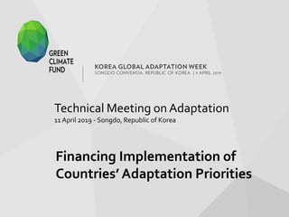 Technical Meeting on Adaptation
11 April 2019 - Songdo, Republic of Korea
Financing Implementation of
Countries’ Adaptation Priorities