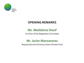 OPENING REMARKS
Ms. Madeleine Diouf
Co-Chair of the Adaptation Committee
Mr. Javier Manzanares
Deputy Executive Director, Green Climate Fund