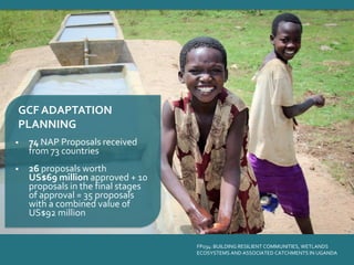 ▪ 74 NAP Proposals received
from 73 countries
▪ 26 proposals worth
US$69 million approved + 10
proposals in the final stages
of approval = 35 proposals
with a combined value of
US$92 million
FP034: BUILDING RESILIENT COMMUNITIES, WETLANDS
ECOSYSTEMS AND ASSOCIATED CATCHMENTS IN UGANDA
GCF ADAPTATION
PLANNING
