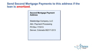 Send Second Mortgage Payments to this address if the
loan is amortized.
Second Mortgage Payment
Address
Statebridge Company, LLC
Attn: Payment Processing
PO Box 173313
Denver, Colorado 80217-3313
 