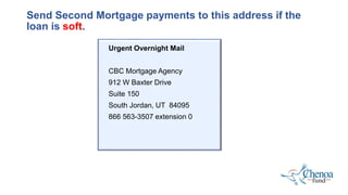 Send Second Mortgage payments to this address if the
loan is soft.
Urgent Overnight Mail
CBC Mortgage Agency
912 W Baxter Drive
Suite 150
South Jordan, UT 84095
866 563-3507 extension 0
 