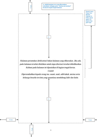 Posisi Center,
Times New
Roman,
Ukuran 12,
Italic, Jarak
spasi: 1,5,
(before 0 pt,
after 0 pt)
xx adalah panjang area yang dikosongkan
sedemikian sehingga posisi “kalimat peruntukan”
berada di tengah-tengah halaman.
3 cm4 cm
3cm
3cm
xx
xx
 