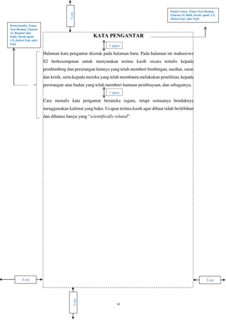 3 cm4 cm
3cm
3cm
Posisi Center, Times New Roman,
Ukuran 14, Bold, Jarak spasi: 1,5,
(before 0 pt, after 0 pt)
Posisi Justify, Times
New Roman, Ukuran
12, Regular dan
Italic, Jarak spasi:
1,5, (before 0 pt, after
0 pt)
1 spasi
1 spasi
 