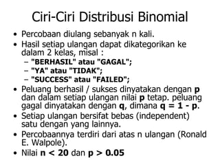 4
Ciri-Ciri Distribusi Binomial
• Percobaan diulang sebanyak n kali.
• Hasil setiap ulangan dapat dikategorikan ke
dalam 2 kelas, misal :
– "BERHASIL" atau "GAGAL";
– "YA" atau "TIDAK";
– "SUCCESS" atau "FAILED";
• Peluang berhasil / sukses dinyatakan dengan p
dan dalam setiap ulangan nilai p tetap. peluang
gagal dinyatakan dengan q, dimana q = 1 - p.
• Setiap ulangan bersifat bebas (independent)
satu dengan yang lainnya.
• Percobaannya terdiri dari atas n ulangan (Ronald
E. Walpole).
• Nilai n < 20 dan p > 0.05
 