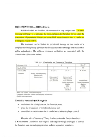 TREATMENT MODALITIES: (Cohen)
When furcations are involved, the treatment is a very complex one. The basic
rationale for therapy is to eliminate the etiologic factor, the furcation per se, arrest the
progression of periodontal disease and to establish an environment that is conducive
to adequate plaque control.
The treatment can be limited to periodontal therapy or can consist of a
complex multidisciplinary approach that includes restorative therapy and endodontics
and/or orthodontics. The different treatment modalities are correlated with the
classification of furcation lesions.
The basic rationale for therapy is
• to eliminate the etiologic factor, the furcation perse,
• arrest the progression of periodontal disease and
• to establish an environment that is conducive to adequate plaque control.
The principles of therapy of FI may be discussed under 3 major headings :
1. Conservative – comprises non-surgical and surgical therapy employed to debride
the furcation area, excluding regeneration and root separation procedures.
 