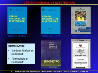 CÓDIGO NACIONAL DE ELECTRICIDAD
TOMO I (1978) TOMO IV (1978) TOMO V (1982)
Normas (2002):
• “Símbolos Gráficos en
Electricidad”
• “Terminología en
Electricidad”
 