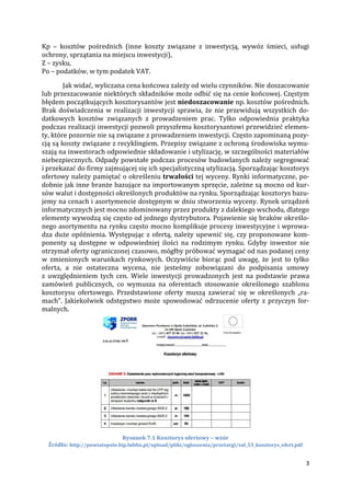 3
Kp – kosztów pośrednich (inne koszty związane z inwestycją, wywóz śmieci, usługi
ochrony, sprzątania na miejscu inwestycji),
Z – zysku,
Po – podatków, w tym podatek VAT.
Jak widać, wyliczana cena końcowa zależy od wielu czynników. Nie doszacowanie
lub przeszacowanie niektórych składników może odbić się na cenie końcowej. Częstym
błędem początkujących kosztorysantów jest niedoszacowanie np. kosztów pośrednich.
Brak doświadczenia w realizacji inwestycji sprawia, że nie przewidują wszystkich do-
datkowych kosztów związanych z prowadzeniem prac. Tylko odpowiednia praktyka
podczas realizacji inwestycji pozwoli przyszłemu kosztorysantowi przewidzieć elemen-
ty, które pozornie nie są związane z prowadzeniem inwestycji. Często zapominaną pozy-
cją są koszty związane z recyklingiem. Przepisy związane z ochroną środowiska wymu-
szają na inwestorach odpowiednie składowanie i utylizację, w szczególności materiałów
niebezpiecznych. Odpady powstałe podczas procesów budowlanych należy segregować
i przekazać do firmy zajmującej się ich specjalistyczną utylizacją. Sporządzając kosztorys
ofertowy należy pamiętać o określeniu trwałości tej wyceny. Rynki informatyczne, po-
dobnie jak inne branże bazujące na importowanym sprzęcie, zależne są mocno od kur-
sów walut i dostępności określonych produktów na rynku. Sporządzając kosztorys bazu-
jemy na cenach i asortymencie dostępnym w dniu stworzenia wyceny. Rynek urządzeń
informatycznych jest mocno zdominowany przez produkty z dalekiego wschodu, dlatego
elementy wywodzą się często od jednego dystrybutora. Pojawienie się braków określo-
nego asortymentu na rynku często mocno komplikuje procesy inwestycyjne i wprowa-
dza duże opóźnienia. Występując z ofertą, należy upewnić się, czy proponowane kom-
ponenty są dostępne w odpowiedniej ilości na rodzimym rynku. Gdyby inwestor nie
otrzymał oferty ograniczonej czasowo, mógłby próbować wymagać od nas podanej ceny
w zmienionych warunkach rynkowych. Oczywiście biorąc pod uwagę, że jest to tylko
oferta, a nie ostateczna wycena, nie jesteśmy zobowiązani do podpisania umowy
z uwzględnieniem tych cen. Wiele inwestycji prowadzonych jest na podstawie prawa
zamówień publicznych, co wymusza na oferentach stosowanie określonego szablonu
kosztorysu ofertowego. Przedstawione oferty muszą zawierać się w określonych „ra-
mach”. Jakiekolwiek odstępstwo może spowodować odrzucenie oferty z przyczyn for-
malnych.
Rysunek 7.1 Kosztorys ofertowy – wzór
Źródło: http://powiatopole.bip.lublin.pl/upload/pliki/ogloszenia/przetargi/zal_53_kosztorys_ofert.pdf
 