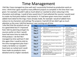 Time Management
I felt like I have managed my time well and I successfully finished my production work on
time. I think that I gave myself to many different projects to complete in the time that I was
given. For example I couldn’t add as much detail as I wanted to when colouring in the
characters and settings. I could of also saved time if I had collected the sources I would need
to create my final piece before I had started it. If I had been given more time I would of
added more detail to the tings I have already made, for example I would of added more
colours to my characters and settings The projects I had left till last didn’t get as much
attention as the ones I did first because I was running out of time.
I also feel that the products are up
to a good detail but if I improved
how I did my planning and got my
sources earlier on then I would
have had more time to make the
third product. I do feel like I
managed my time well but if I did
this again then I could to stick to
the time management plan that I
made a lot better as I wouldn’t
have been as rushed and I could
have made my products more
detailed and to a higher standard.
 