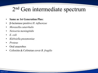 2nd Gen intermediate spectrum
• Same as 1st Generation Plus:
• β-lactamase positive H. influenzae
• Moraxella catarrhalis
• Neisseria meningitidis
• E. coli
• Klebsiella pneumoniae
• Proteus
• Oral anaerobes
• Cefoxitin & Cefotetan cover B. fragilis
 