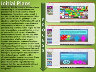 P
R
O
C
E
S
S
I would say that the strengths discovered were
that enlisting all the sectors of the future
podcast were the most easiest to rule out
because since I know about autism myself it
was easy to talk about from perspective.This is
good because autism is a good topic to talk
about and understand. Another strength I ruled
out was the mood quotes I created, they gave
me a good idea of what to say within the
podcast during recording. It also helped me feel
more organised and prepared for what to type
up on my script. In all honesty, these plans
really did help my product because they were
the initial ideas of what I wanted to create for
the podcast and what I wanted to have
involved.The weakness however I found was
explaining the different ideas on the first mind
map because I couldn’t make my mind up about
which idea to go forth with because they are all
part of my personal life. I could have improved
these plans by adding more about the different
ideas and adding more bubbles and less
pictures to explore more on the options.These
plans have a great effect upon my product
please theses are the original border line,
meaning that they were the initial thinking of
what I was going to create and what to
incorporate.
 