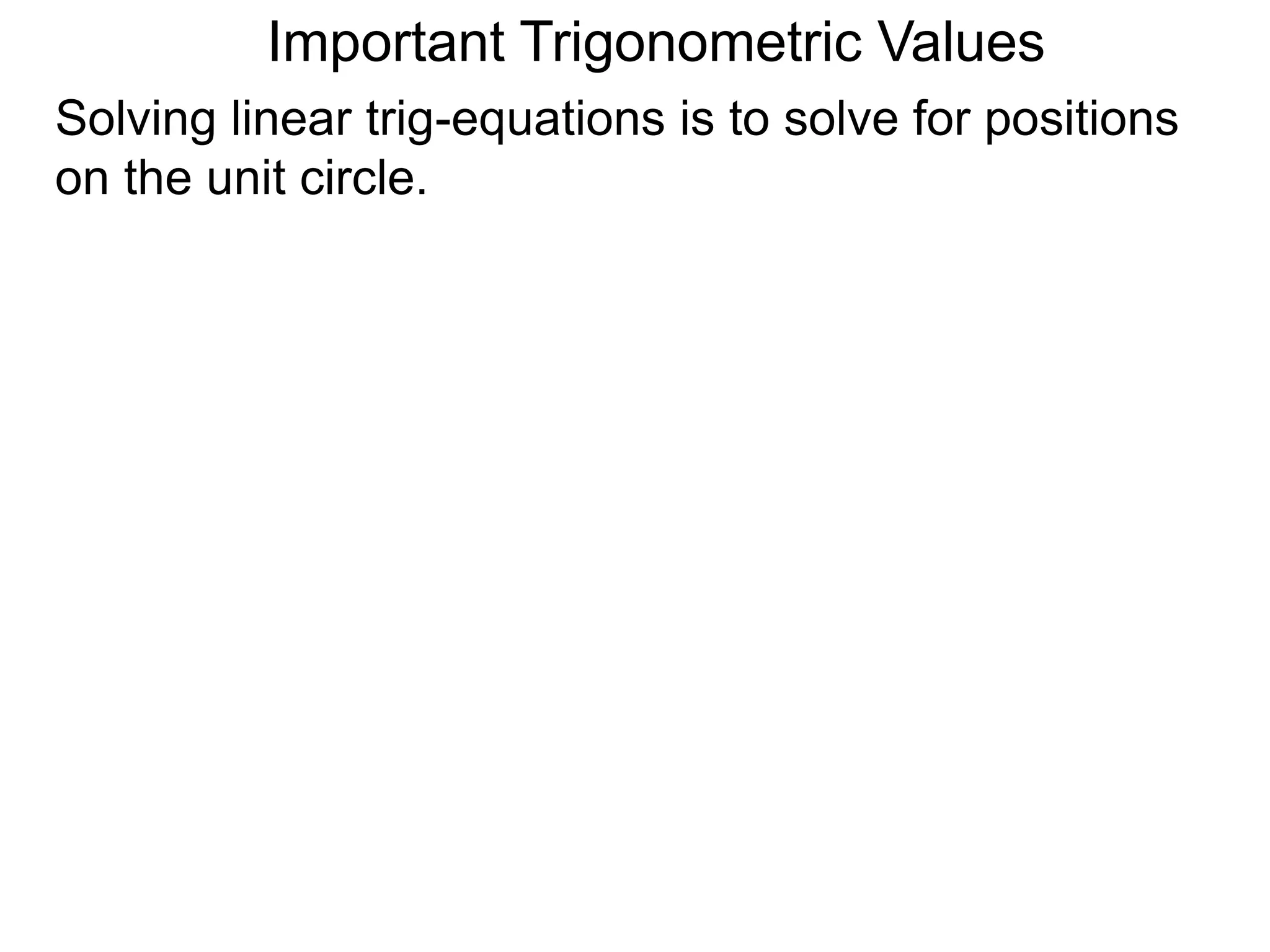 Important Trigonometric Values
Solving linear trig-equations is to solve for positions
on the unit circle.
 