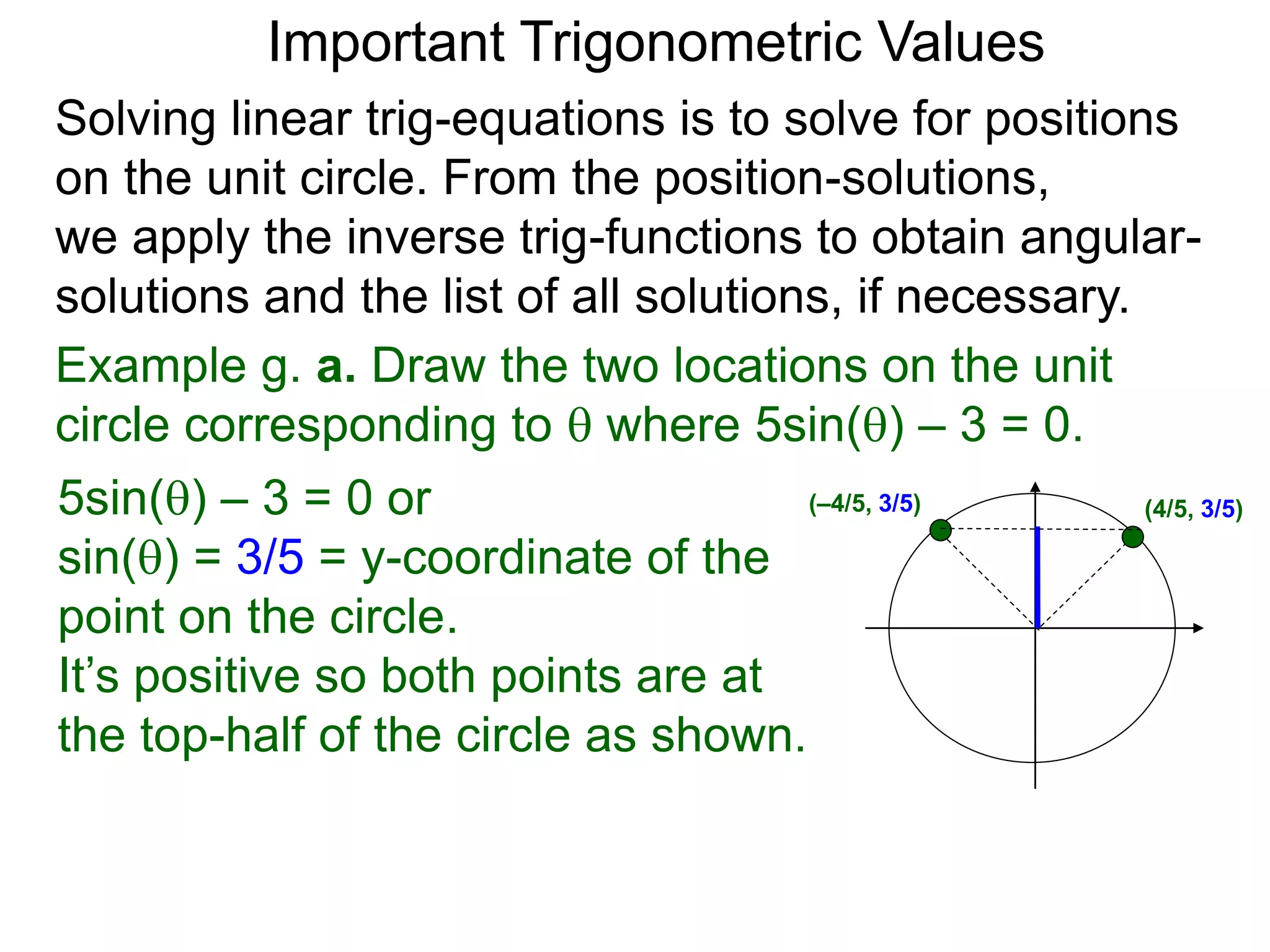 Important Trigonometric Values
Solving linear trig-equations is to solve for positions
on the unit circle. From the position-solutions,
we apply the inverse trig-functions to obtain angular-
solutions and the list of all solutions, if necessary.
Example g. a. Draw the two locations on the unit
circle corresponding to  where 5sin() – 3 = 0.
5sin() – 3 = 0 or
sin() = 3/5 = y-coordinate of the
point on the circle.
It’s positive so both points are at
the top-half of the circle as shown.
(–4/5, 3/5) (4/5, 3/5)
 