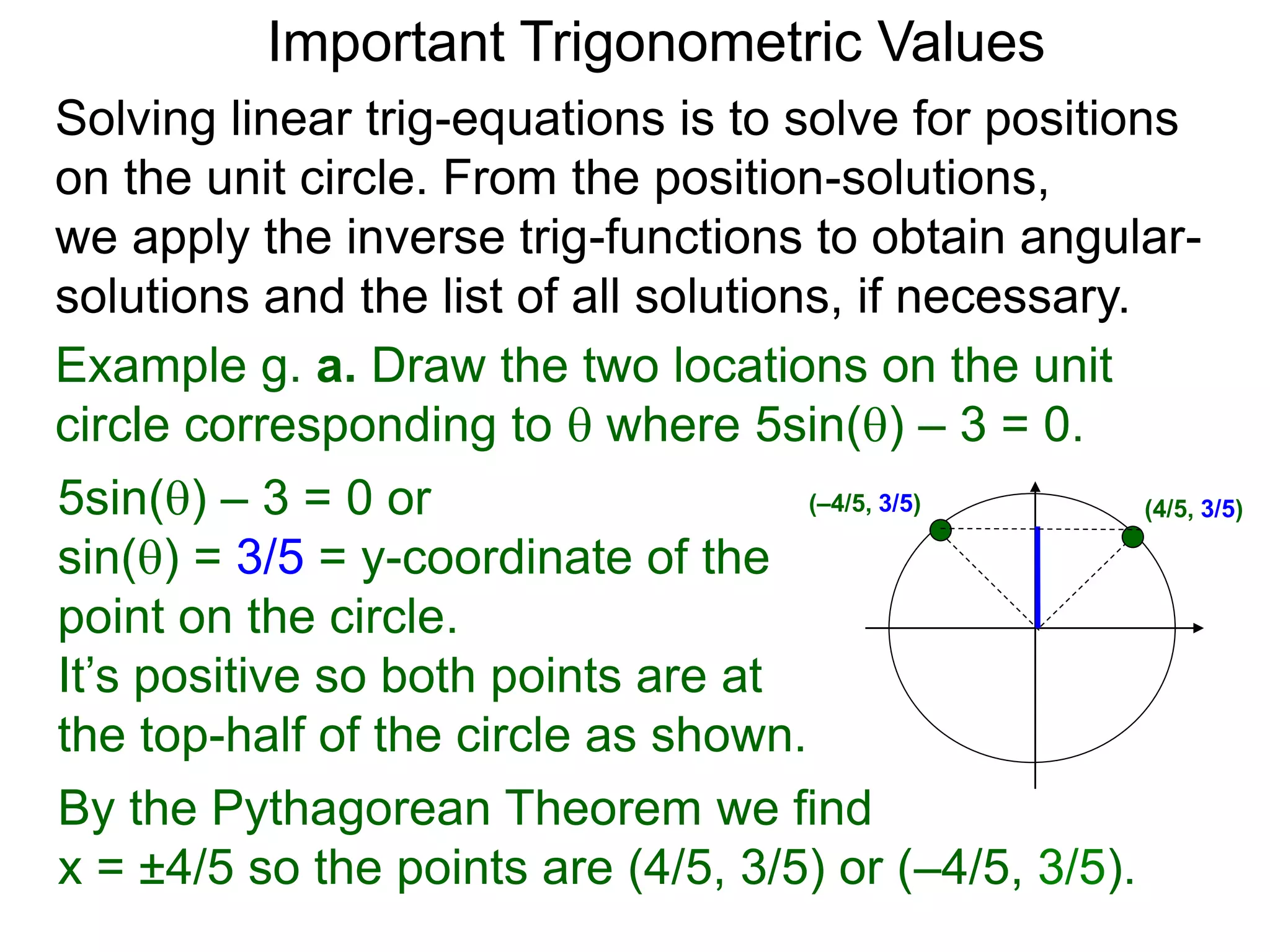 Important Trigonometric Values
Solving linear trig-equations is to solve for positions
on the unit circle. From the position-solutions,
we apply the inverse trig-functions to obtain angular-
solutions and the list of all solutions, if necessary.
By the Pythagorean Theorem we find
x = ±4/5 so the points are (4/5, 3/5) or (–4/5, 3/5).
Example g. a. Draw the two locations on the unit
circle corresponding to  where 5sin() – 3 = 0.
5sin() – 3 = 0 or
sin() = 3/5 = y-coordinate of the
point on the circle.
It’s positive so both points are at
the top-half of the circle as shown.
(–4/5, 3/5) (4/5, 3/5)
 