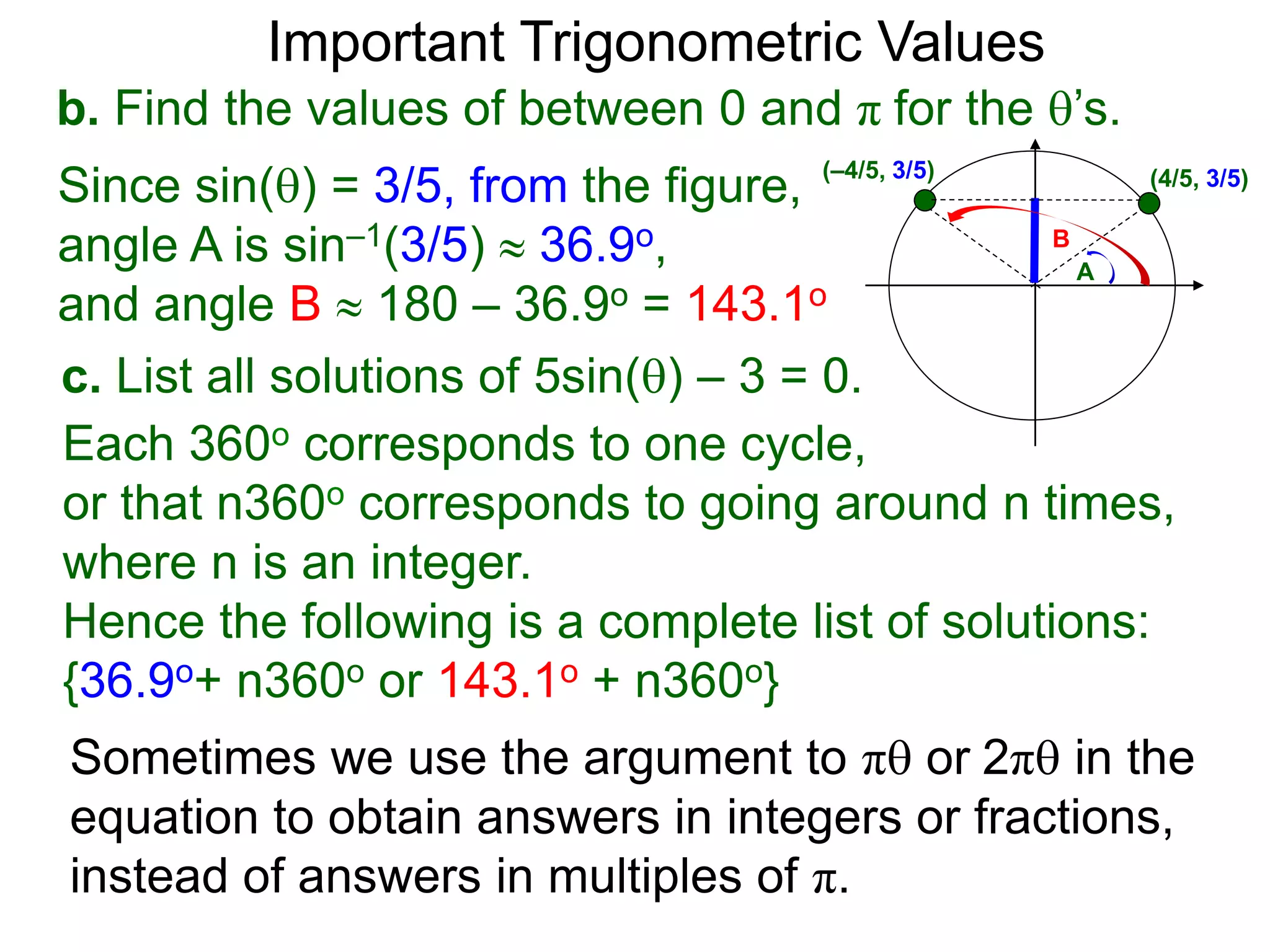 Important Trigonometric Values
b. Find the values of between 0 and π for the ’s.
Since sin() = 3/5, from the figure,
angle A is sin–1(3/5)  36.9o,
and angle B  180 – 36.9o = 143.1o
(–4/5, 3/5) (4/5, 3/5)
A
B
c. List all solutions of 5sin() – 3 = 0.
Each 360o corresponds to one cycle,
or that n360o corresponds to going around n times,
where n is an integer.
Hence the following is a complete list of solutions:
{36.9o+ n360o or 143.1o + n360o}
Sometimes we use the argument to π or 2π in the
equation to obtain answers in integers or fractions,
instead of answers in multiples of π.
 