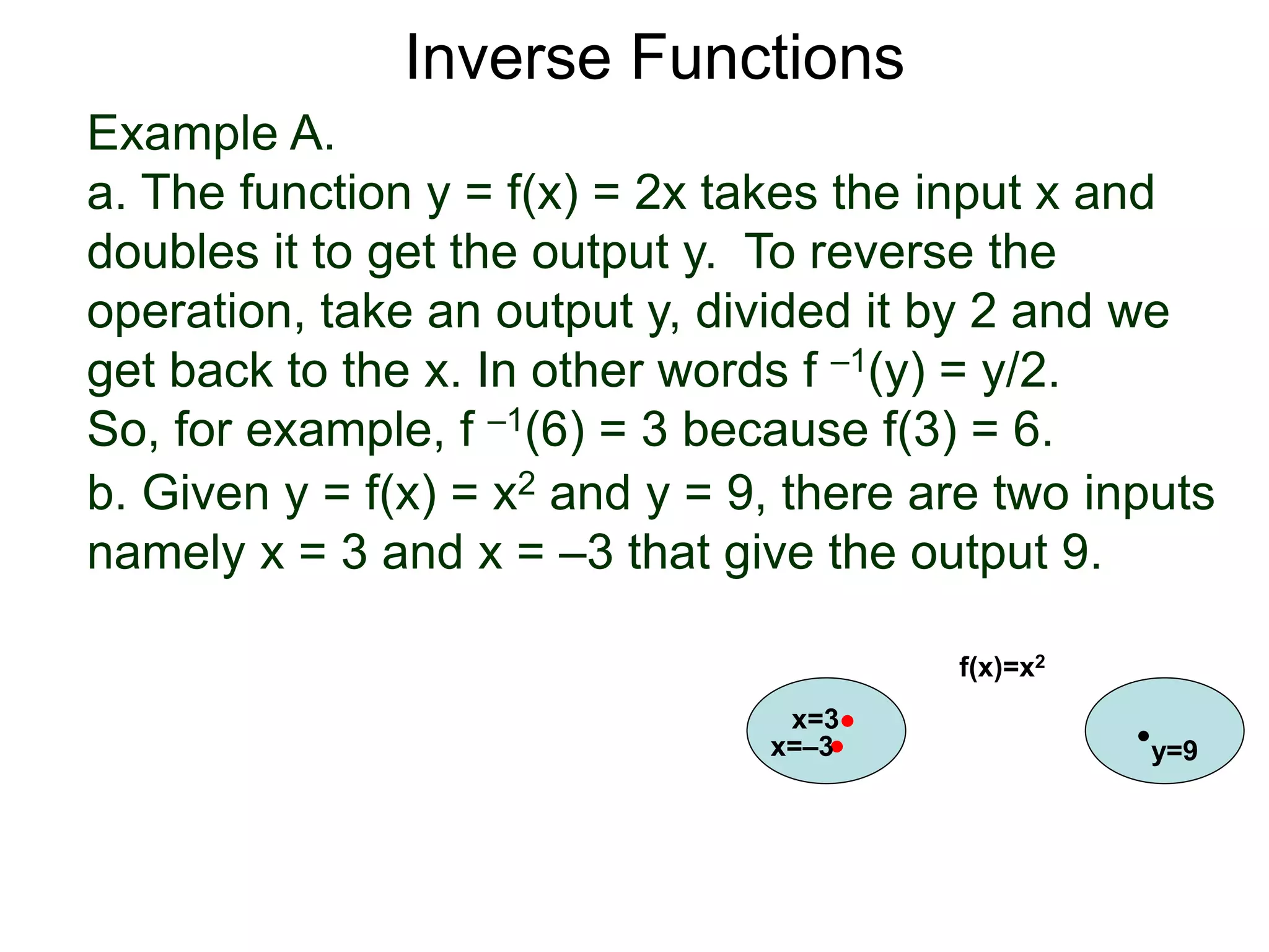 Example A.
a. The function y = f(x) = 2x takes the input x and
doubles it to get the output y. To reverse the
operation, take an output y, divided it by 2 and we
get back to the x. In other words f –1(y) = y/2.
So, for example, f –1(6) = 3 because f(3) = 6.
b. Given y = f(x) = x2 and y = 9, there are two inputs
namely x = 3 and x = –3 that give the output 9.
x=3
y=9
f(x)=x2
x=–3
Inverse Functions
 