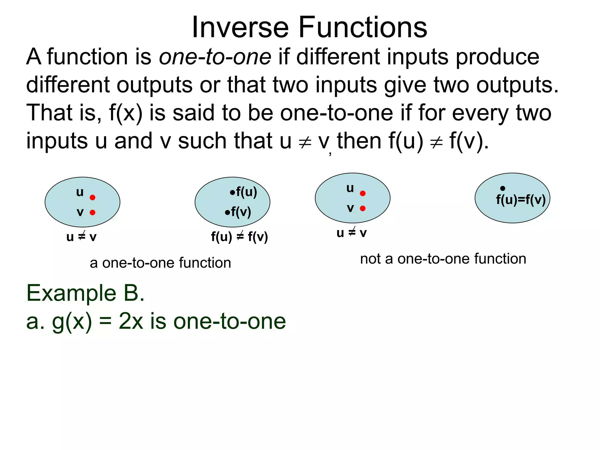 Example B.
a. g(x) = 2x is one-to-one
Inverse Functions
u f(u)
v f(v)
u = v f(u) = f(v)
a one-to-one function
u
f(u)=f(v)
v
u = v
not a one-to-one function
A function is one-to-one if different inputs produce
different outputs or that two inputs give two outputs.
That is, f(x) is said to be one-to-one if for every two
inputs u and v such that u  v, then f(u)  f(v).
 