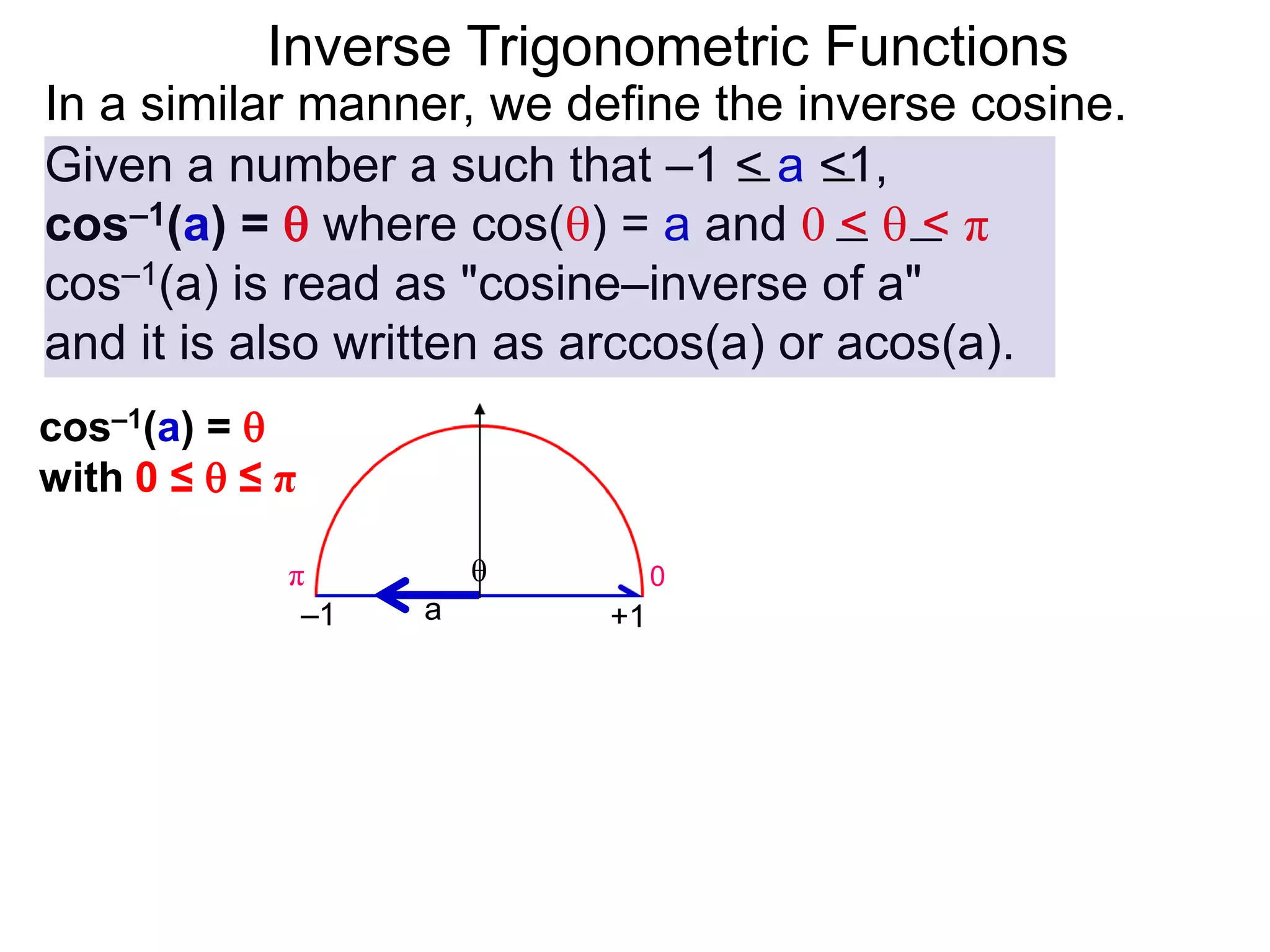 Inverse Trigonometric Functions
In a similar manner, we define the inverse cosine.
Given a number a such that –1 < a <1,
cos–1(a) =  where cos() = a and 0 <  < π
cos–1(a) is read as "cosine–inverse of a"
and it is also written as arccos(a) or acos(a).
0π
a

–1 +1
cos–1(a) = 
with 0 ≤  ≤ π
 