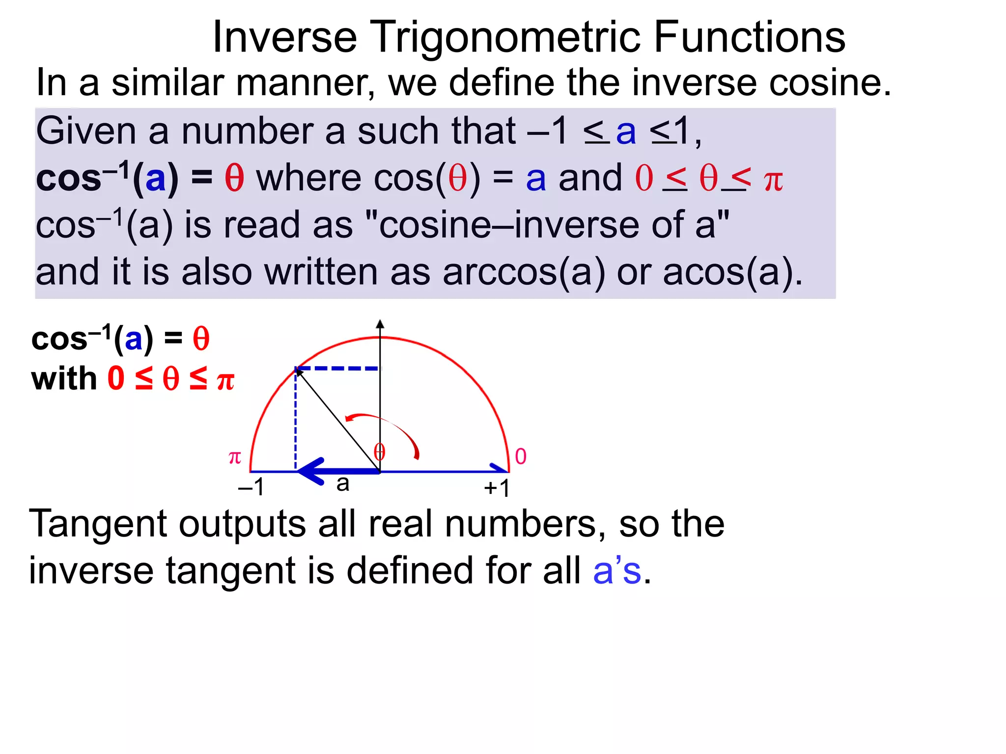Inverse Trigonometric Functions
In a similar manner, we define the inverse cosine.
Given a number a such that –1 < a <1,
cos–1(a) =  where cos() = a and 0 <  < π
cos–1(a) is read as "cosine–inverse of a"
and it is also written as arccos(a) or acos(a).
Tangent outputs all real numbers, so the
inverse tangent is defined for all a’s.
0π
a

–1 +1
cos–1(a) = 
with 0 ≤  ≤ π
 