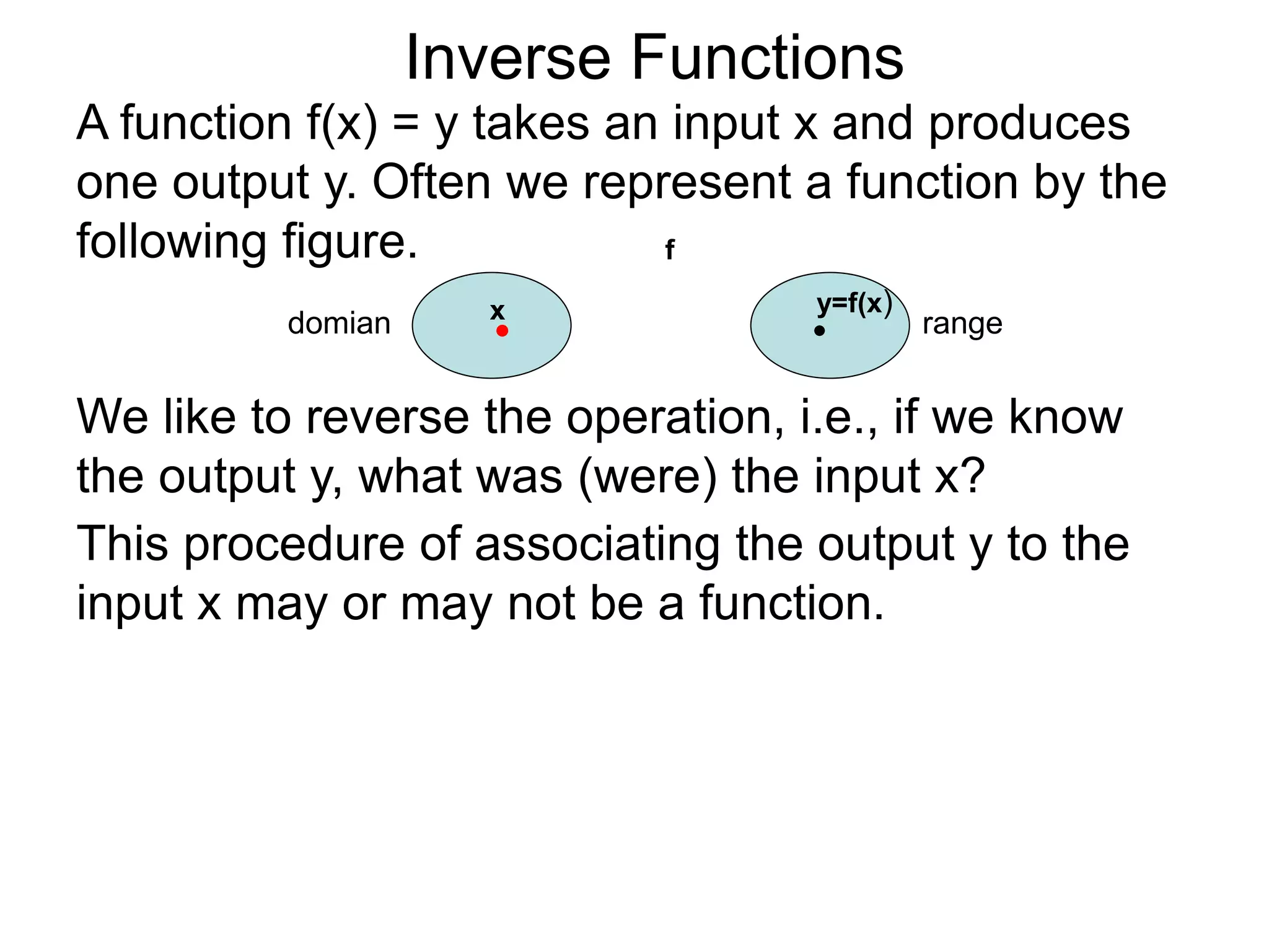 A function f(x) = y takes an input x and produces
one output y. Often we represent a function by the
following figure.
Inverse Functions
We like to reverse the operation, i.e., if we know
the output y, what was (were) the input x?
This procedure of associating the output y to the
input x may or may not be a function.
domian rangex y=f(x)
f
 
