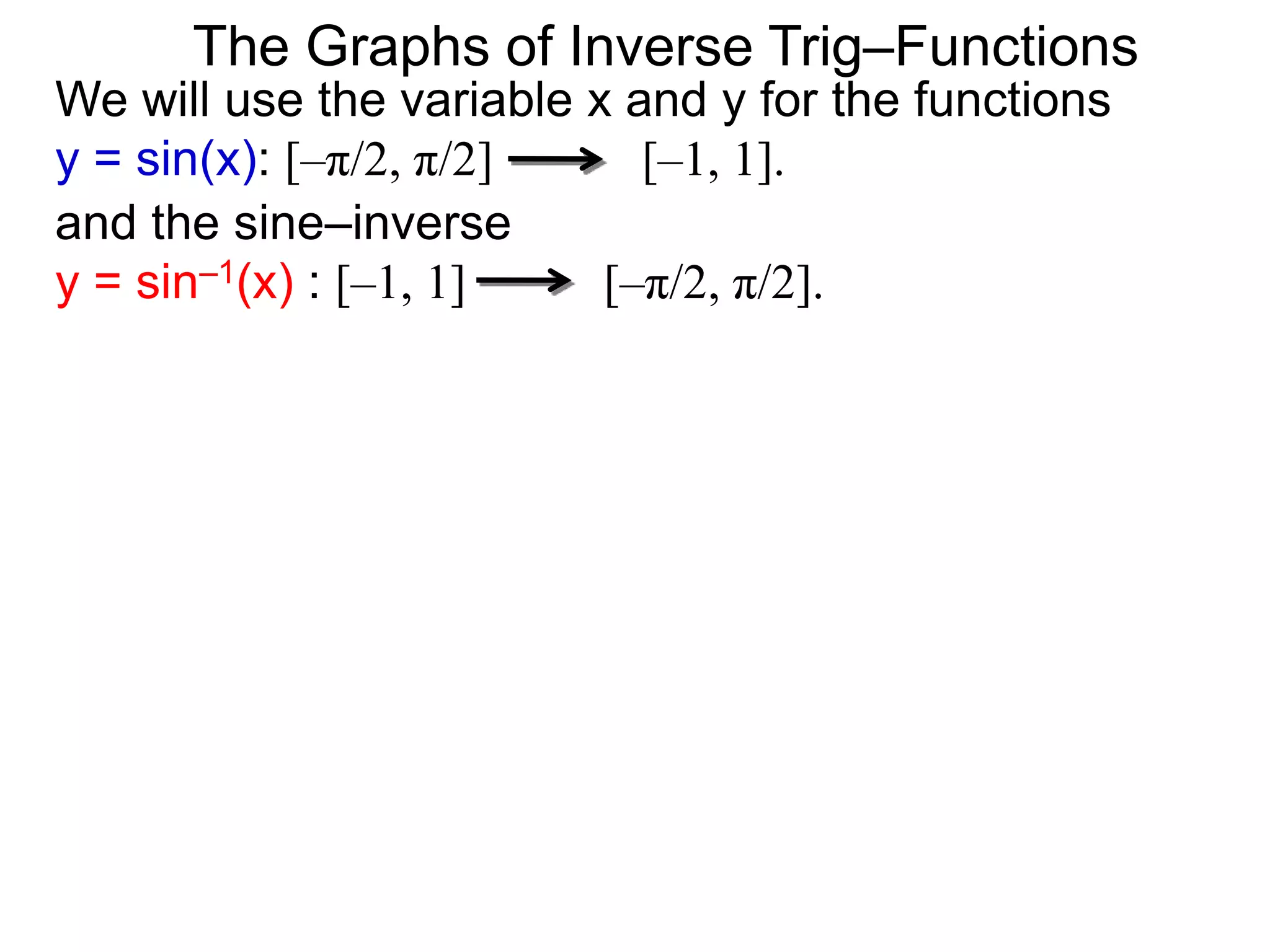and the sine–inverse
y = sin–1(x) : [–1, 1] [–π/2, π/2].
We will use the variable x and y for the functions
y = sin(x): [–π/2, π/2] [–1, 1].
The Graphs of Inverse Trig–Functions
 