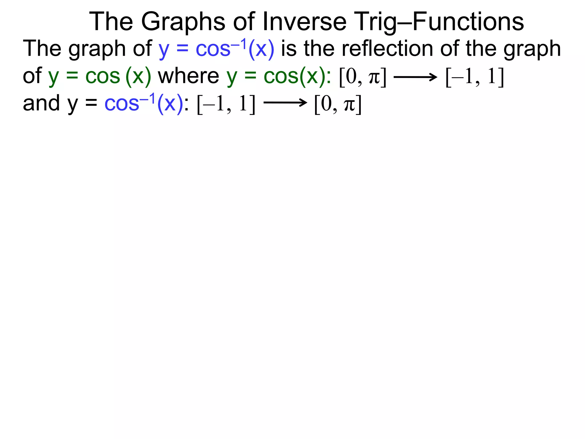The graph of y = cos–1(x) is the reflection of the graph
of y = cos (x) where y = cos(x): [0, π] [–1, 1]
and y = cos–1(x): [–1, 1] [0, π]
The Graphs of Inverse Trig–Functions
 