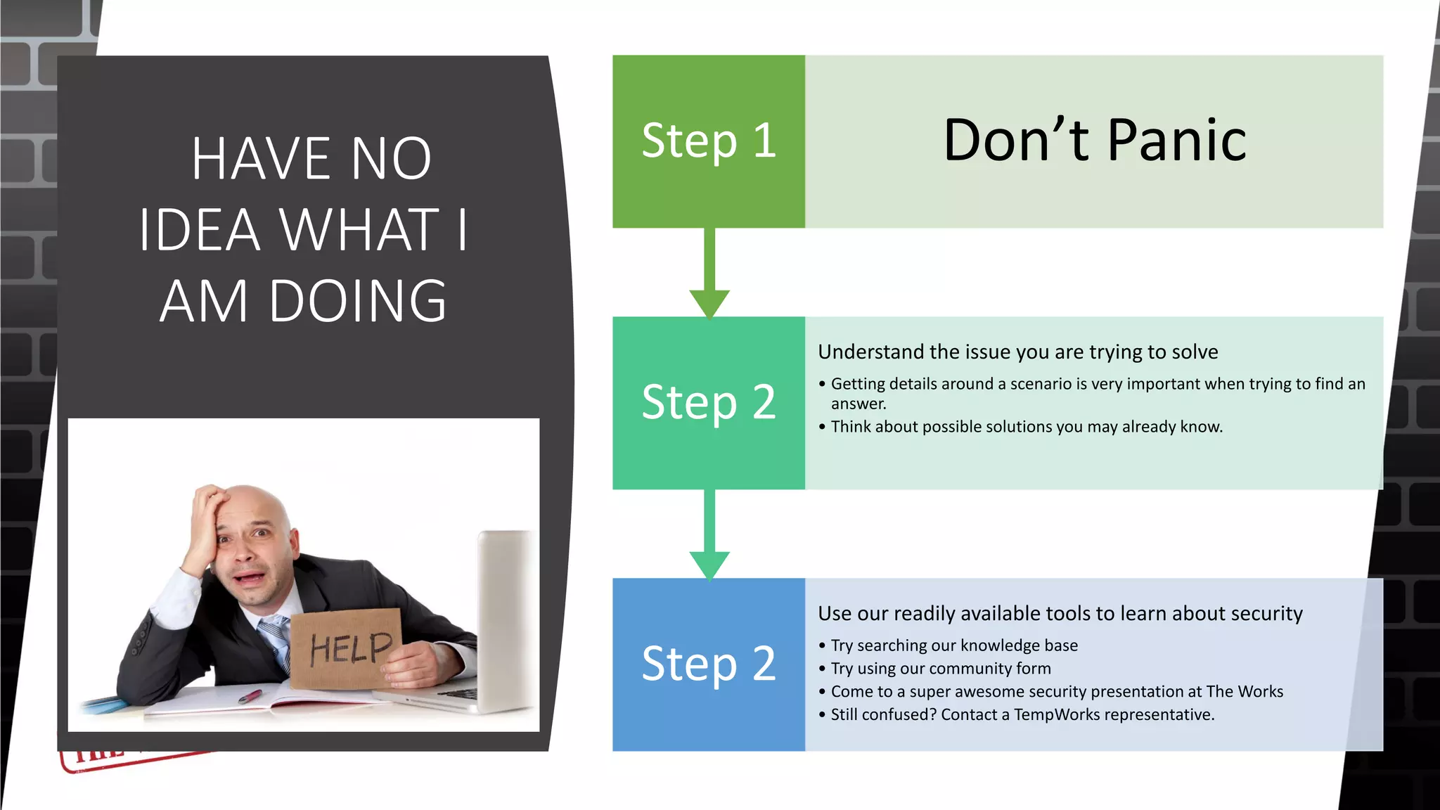 HAVE NO
IDEA WHAT I
AM DOING
Step 2
Use our readily available tools to learn about security
• Try searching our knowledge base
• Try using our community form
• Come to a super awesome security presentation at The Works
• Still confused? Contact a TempWorks representative.
Step 2
Understand the issue you are trying to solve
• Getting details around a scenario is very important when trying to find an
answer.
• Think about possible solutions you may already know.
Step 1 Don’t Panic
 