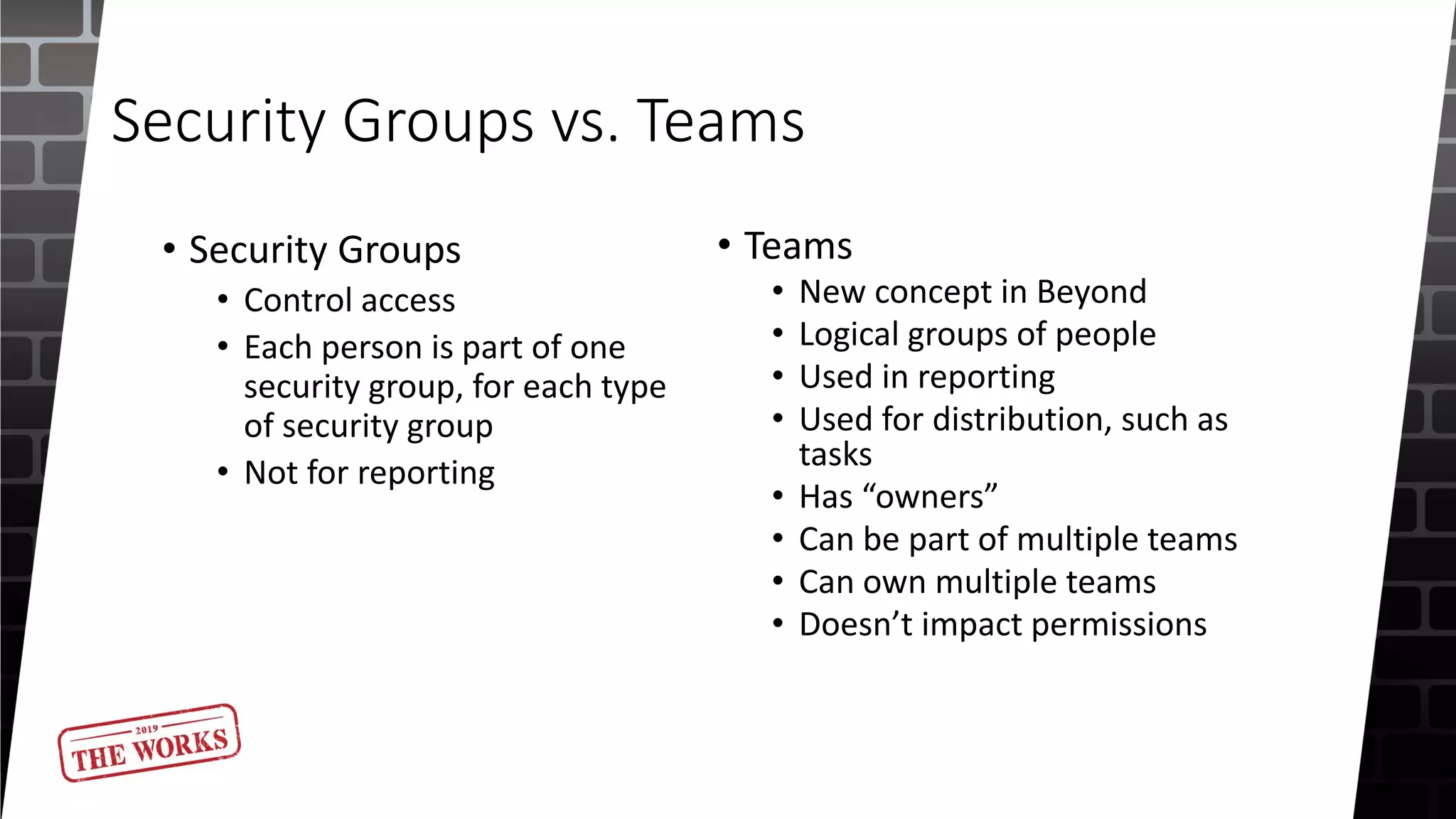 Security Groups vs. Teams
• Security Groups
• Control access
• Each person is part of one
security group, for each type
of security group
• Not for reporting
• Teams
• New concept in Beyond
• Logical groups of people
• Used in reporting
• Used for distribution, such as
tasks
• Has “owners”
• Can be part of multiple teams
• Can own multiple teams
• Doesn’t impact permissions
 