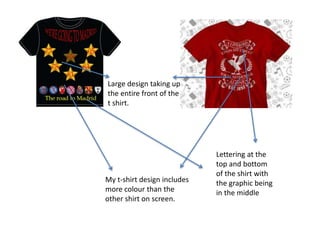 Large design taking up
the entire front of the
t shirt.
My t-shirt design includes
more colour than the
other shirt on screen.
Lettering at the
top and bottom
of the shirt with
the graphic being
in the middle
 