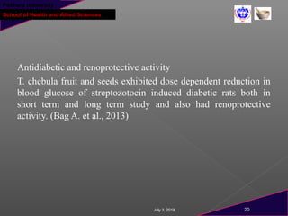 Pokhara University
School of Health and Allied Sciences
Antidiabetic and renoprotective activity
T. chebula fruit and seeds exhibited dose dependent reduction in
blood glucose of streptozotocin induced diabetic rats both in
short term and long term study and also had renoprotective
activity. (Bag A. et al., 2013)
July 3, 2018 20
 