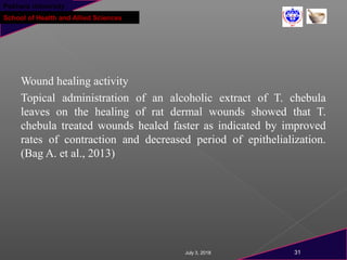 Pokhara University
School of Health and Allied Sciences
Wound healing activity
Topical administration of an alcoholic extract of T. chebula
leaves on the healing of rat dermal wounds showed that T.
chebula treated wounds healed faster as indicated by improved
rates of contraction and decreased period of epithelialization.
(Bag A. et al., 2013)
July 3, 2018 31
 