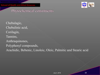 Pokhara University
School of Health and Allied Sciences
Chebulagic,
Chebulinic acid,
Corilagin,
Tannins,
Anthraquinones,
Polyphenyl compounds,
Arachidic, Bebenic, Linoleic, Oleic, Palmitic and Stearic acid
July 3, 2018 34
 