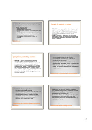 18
Enseñar a las personas a hacer peticiones y elecciones 
reduce los problemas de conducta dándoles más control 
sobre sus vidas. 
◦ Realizar elecciones ayuda a:
incrementar la atención
mejorar el intento comunicativo  
conseguir cumplir los deseos y necesidades reales de la 
persona
aumentar la participación activa en las interacciones
EleccionesElecciones
aumentar la participación activa en las interacciones 
comunicativas
disminuir las dificultades conductuales
distraer a la persona cuando está teniendo un 
problema
Ejemplo de protesta y rechazoEjemplo de protesta y rechazo
PROBLEMA: A. es muy bueno haciendo construcciones con 
bloques en la clase. Juega solo y se ofende por la intrusión 
de los otros compañeros. Si otro estudiante se aproxima o 
toca sus bloques, le golpea. Por supuesto, esta no es una 
blmanera aceptable para que se comunique con sus 
compañeros.
CAUSA: El autismo de A. tiene mucho que ver con esta 
situación. Él es posesivo con sus juguetes y no quiere gente 
en su espacio. No tiene buenas destrezas del lenguaje para 
manejar la situación.
Ejemplo de protesta y rechazoEjemplo de protesta y rechazo
SOLUCIÓN: A. necesita aprender mejores destrezas 
sociales. Su profesor decidió que se beneficiaría del 
aprendizaje al tolerar que otros niños jugasen cerca de él. 
Enseñarle a decir, “por favor, no lo toques” ayudó a la 
it ió El f hi t j t d lsituación. El profesor hizo una tarjeta para recordarle que 
usase el lenguaje. También le enseñó a extender su mano 
para indicar que se mantengan lejos. Utilizar las palabras y 
gestos alertaron a los otros niños  a respetar la construcción 
de A. Una vez que estaba seguro de que no iban a 
molestarle en su trabajo, toleraba que jugasen cerca o con 
los mismos materiales. 
Es necesario potenciar y desarrollar las 
capacidades de relación social, ya desde los 
momentos más tempranos.
Fomentar hh de interacción social como el 
contacto visual, la toma de turnos, la imitación, las 
hh de atención conjunta el juego social con
Desarrollo de Desarrollo de HH sociales HH sociales y de comunicacióny de comunicación
hh de atención conjunta, el juego social con 
iguales, la capacidad para identificar sentimientos y 
emociones, etc.
Habilidades de autorregulación
◦ Otra fuente importante de problemas 
comportamentales, es la derivada de las dificultades para 
manejar y comprender el entorno que les rodea
◦ Estas dificultades van a influir en el desarrollo de la 
capacidad de autorregulación, que en las personas sin 
autismo se desarrollan espontáneamente en la
Prevención de conductas desafiantes en Prevención de conductas desafiantes en 
autismoautismo
autismo, se desarrollan espontáneamente en la 
interacción con el entorno físico y social
Una persona con autismo, no estará preparada 
para aprender comunicación e interacción social, si 
el entorno que le rodea es un caos que no 
comprende y no puede anticipar
No debemos olvidar, por tanto, que una educación 
especializada en autismo, debe tener su base 
li d l ió d di ibilid d l
Habilidades de Habilidades de autorregulaciónautorregulación
centralizada en la creación de predictibilidad en el 
espacio y en el tiempo
 