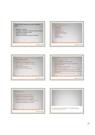23
Como usar la sobrecorrección (Nathan
Azrin)
◦ Deshacer o corregir
◦ Practique y refuerce comportamientos positivos
◦ Supervise la sobrecorrección
◦ Guiarle si es preciso
Gestión del ComportamientoGestión del Comportamiento
◦ Guiarle si es preciso
◦ Refuerce la conducta positiva al finalizar
Agustín Illera, Gautena
Técnicas básicas de escucha
Escuchar a través del comportamiento
Definir sus sentimientos
Explicitándoselos
Ofrecerle ayuda
Anticipándose
Tiempo para escuchar
Calidad y cantidad
Regularmente
Repasar citas para hablar
Prestarle el máximo de atención
Iniciar o provocar la conversación
M t l
Gestión del ComportamientoGestión del Comportamiento
Mantenerla
Pregunte
Escucha activa
Repetir la información
Valorar el esfuerzo
Agustín Illera, Gautena
Como hablar con las personas con TEA
Evitar la desconexión
Establecer Contacto Visual
Hablar con voz sosegada y firme
Evitar utilizar preguntas en lugar de
afirmaciones
Utilizar frases sencillas
Gestión del ComportamientoGestión del Comportamiento
Decir al niño lo que se piensa
Agustín Illera, Gautena
Como enseñar a las personas a afrontar el estrés o a
relajarse
Reconocer señales de estrés
Dolores de cabeza
Dolores de estómago indigestión, gases…
Nauseas, vómitos
Hiperventilación (Respiración rápida, falta de aliento,
mareos, hormigueo)
Taquicardia
Manos sudorosas, húmedas o frías
Hábitos nerviosos (morderse las uñas arrancarse la piel o el
Gestión del ComportamientoGestión del Comportamiento
Hábitos nerviosos (morderse las uñas, arrancarse la piel o el
pelo, rechinar los dientes, etc)
Insomnio y otros problemas de sueño, miedos, angustias
Timidez e insociabilidad explosiones de genio
Hipersensibilidad a la crítica o a las burlas, poca tolerancia a
la frustración
Falta de concentración a causa de la ansiedad
Agustín Illera, Gautena
Como ayudar
Aprender a escuchar y a “Ver”
Determinar la causa del estrés
Ayudarle a hablar de sus miedos
Enseñarle técnicas de relajación
Identificar estrategias de afrontamiento
Gestión del ComportamientoGestión del Comportamiento
Identificar estrategias de afrontamiento
Enseñarle estrategias de evasión
Agustín Illera, Gautena
Evaluando situaciones conductuales
Conductas desafiantes en TEA
 